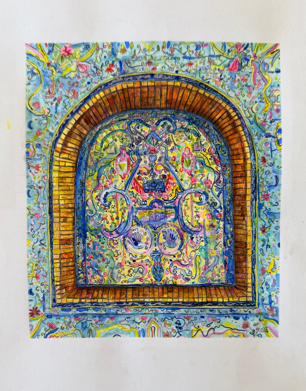 Pastel Tiles - 8x11 inch Original Watercolor Painting - Mosque Artwork