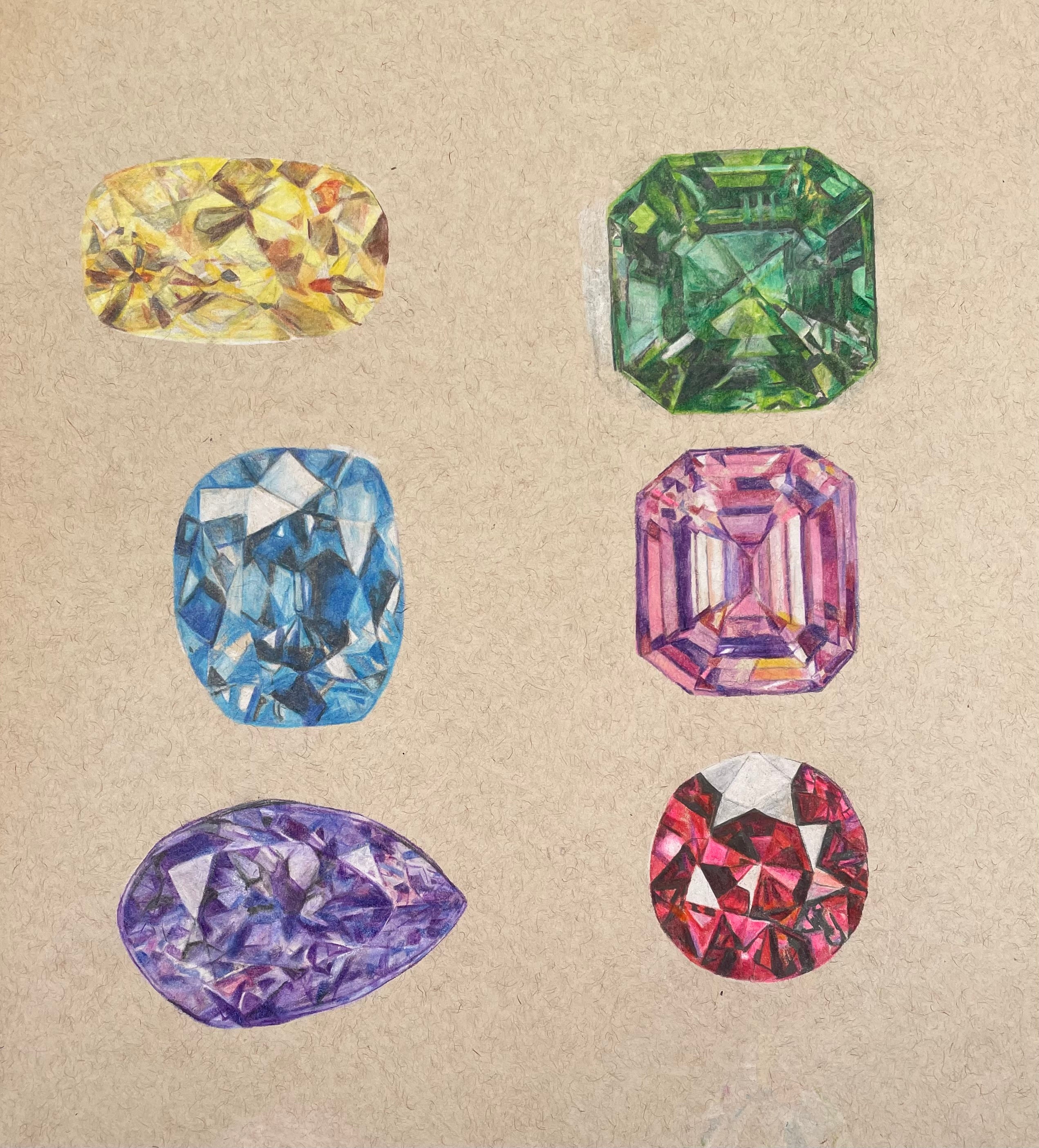 Colorful Gemstones - 9x9in Original Colored Pencil Illustration - Gemstone Artwork