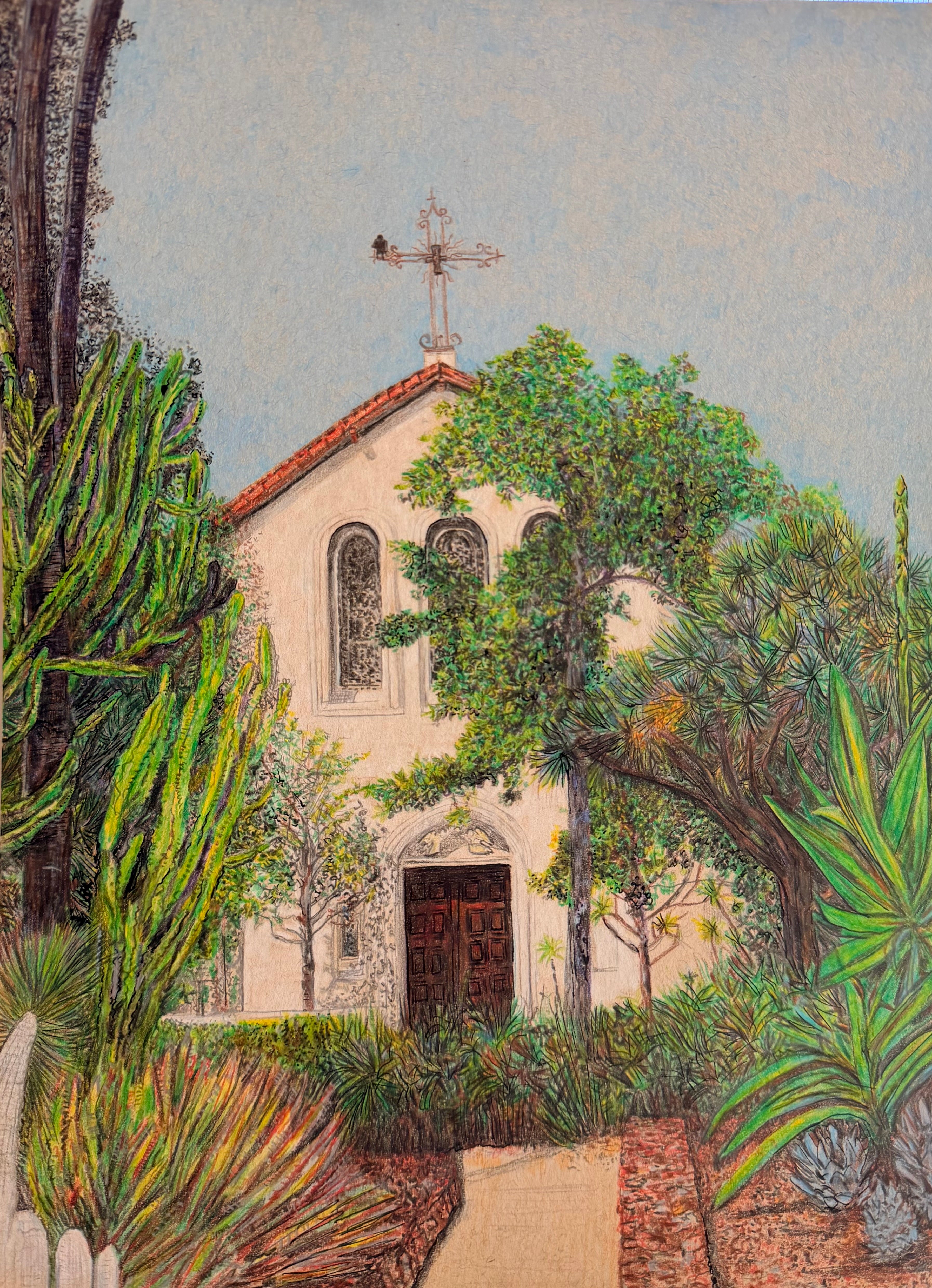 Desert Chapel - 9x12in Original Colored Pencil Illustration - Southern California Artwork