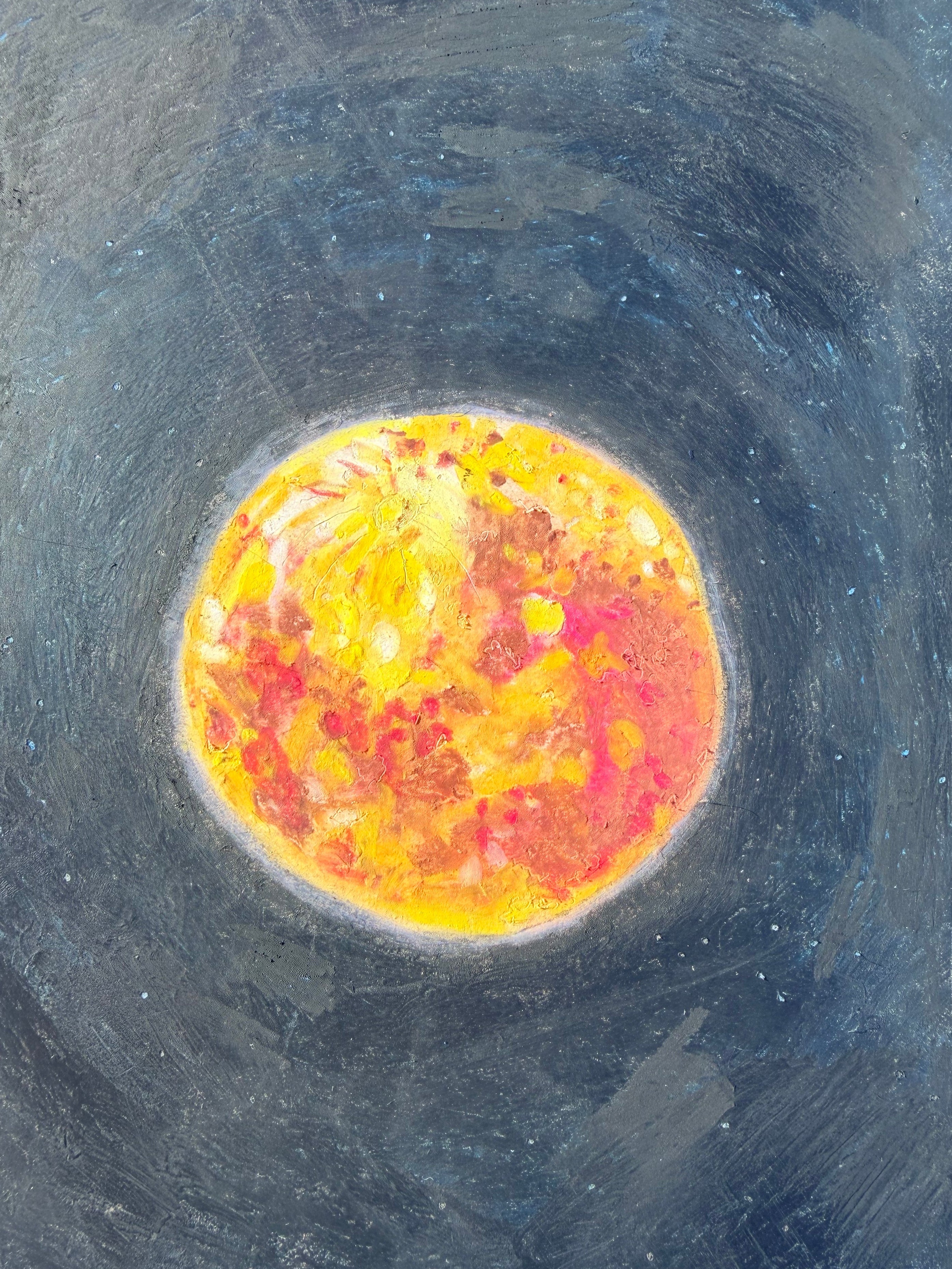 Yellow Moon - 9x12in Original Oil Pastel Painting - Lunar Artwork