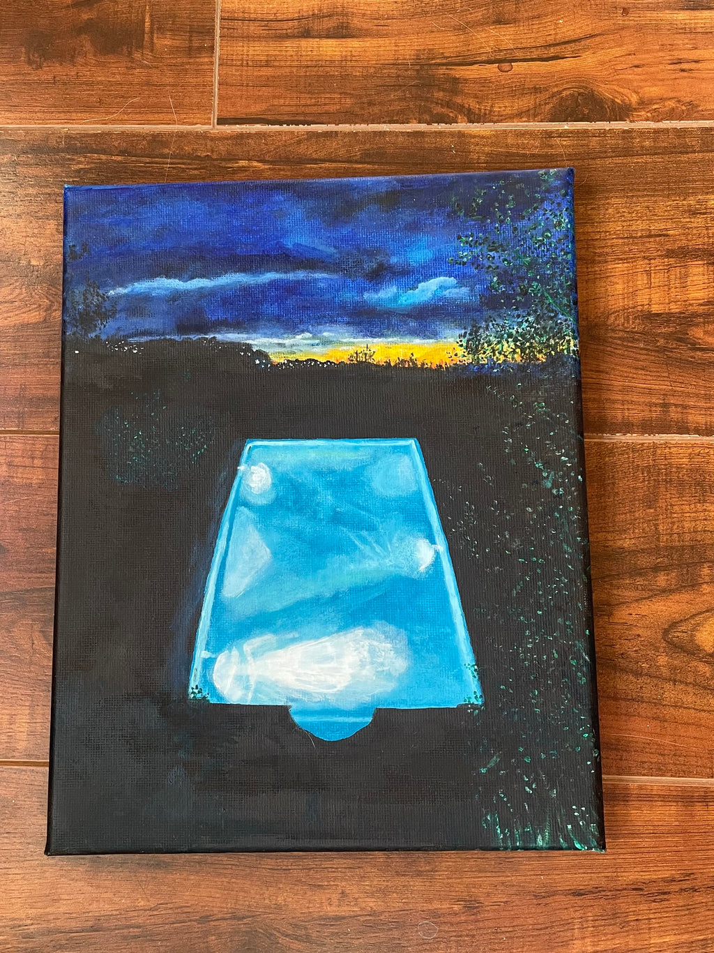 Pool Lights - 7x5in Original Oil Painting on Gallery Wrapped Canvas - Nighttime Pool Artwork