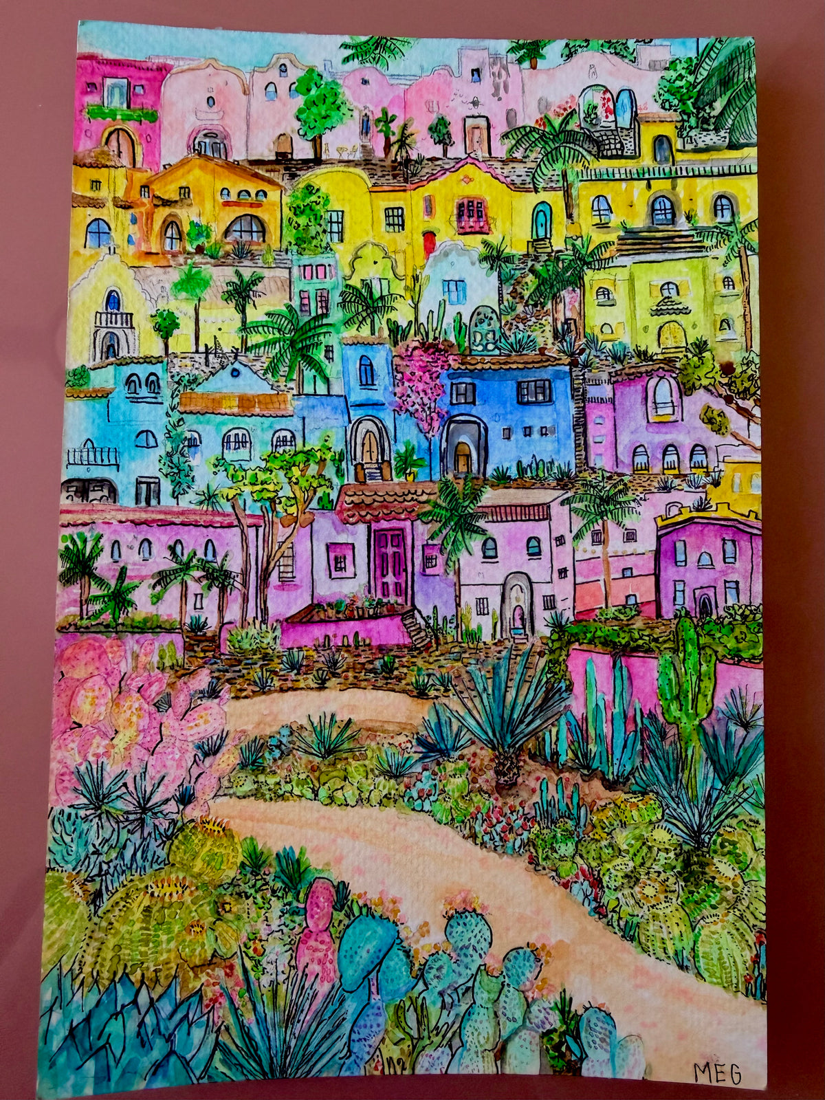 Cliffside Rainbow Neighborhood - 6x9 inch / 15.2x22.8 cm Original Watercolor Painting