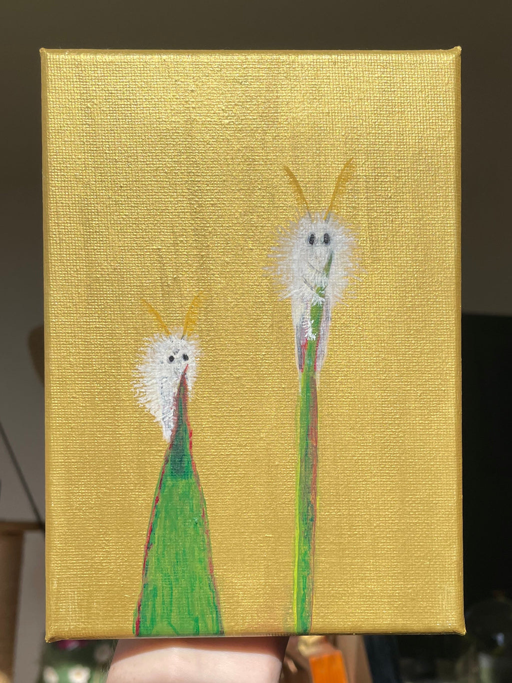Fuzzy Bugs - 7x5in Original Mixed Media Acrylic Painting on Gallery Wrapped Canvas - Whimsical Gallery Wall Art