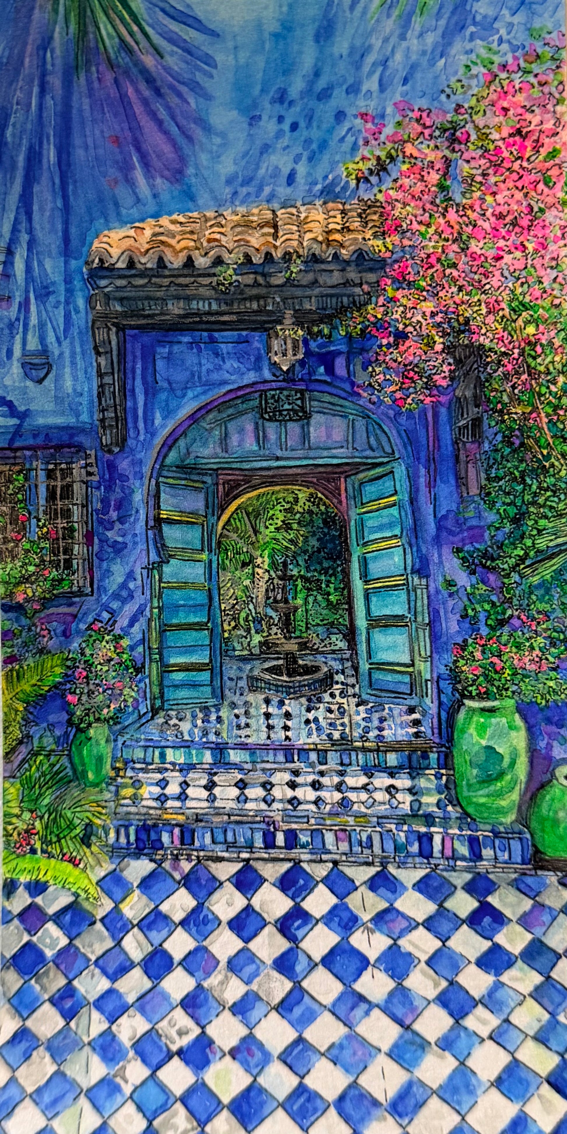 Majorelle Blue - 8.58 x 4.25 in Original Watercolor Painting of Jardin Majorelle in Marrakech