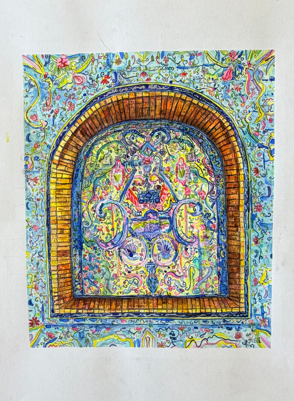 Pastel Tiles - 8x11 inch Original Watercolor Painting - Mosque Artwork