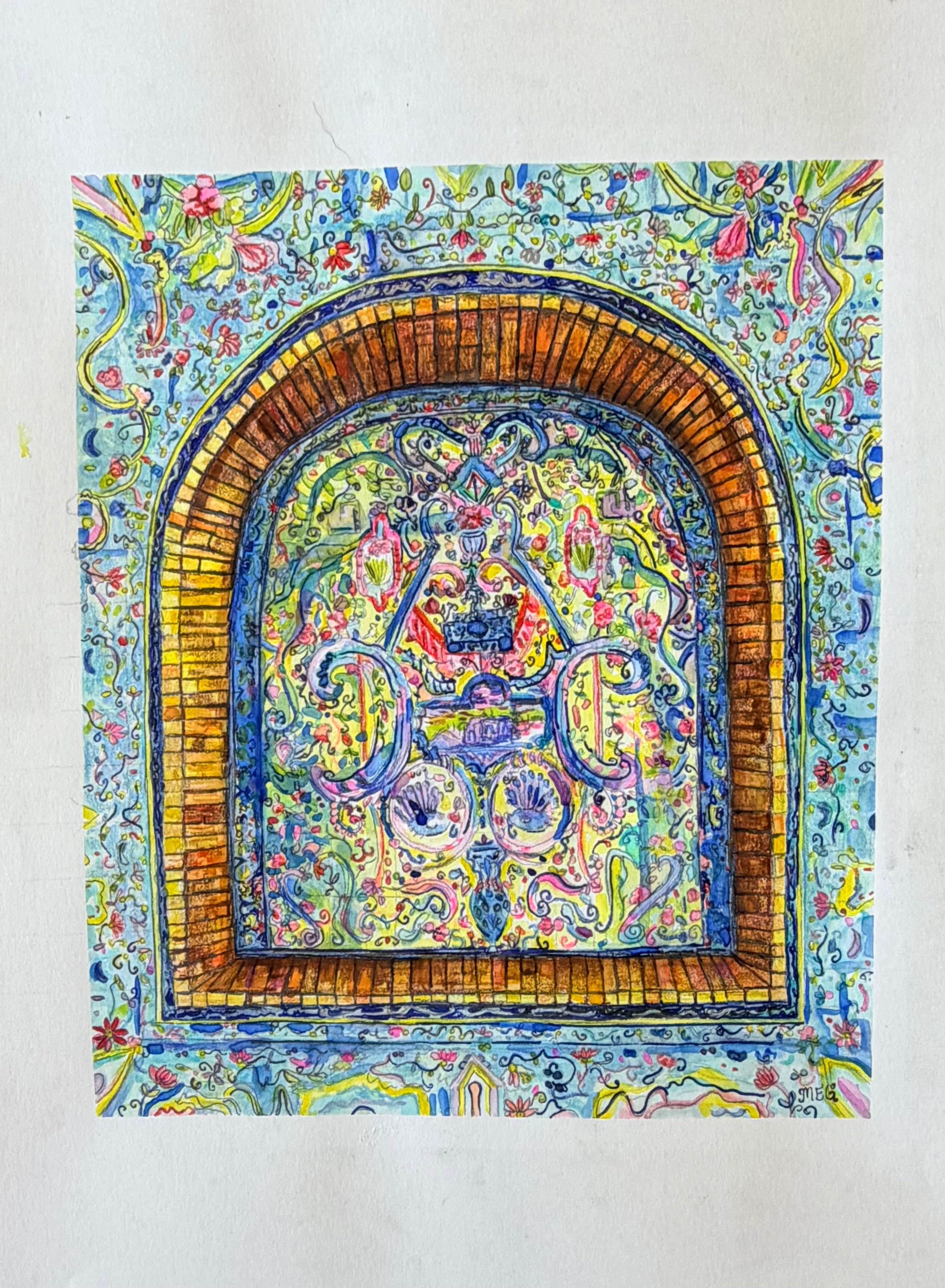 Pastel Tiles - 8x11 inch Original Watercolor Painting - Mosque Artwork