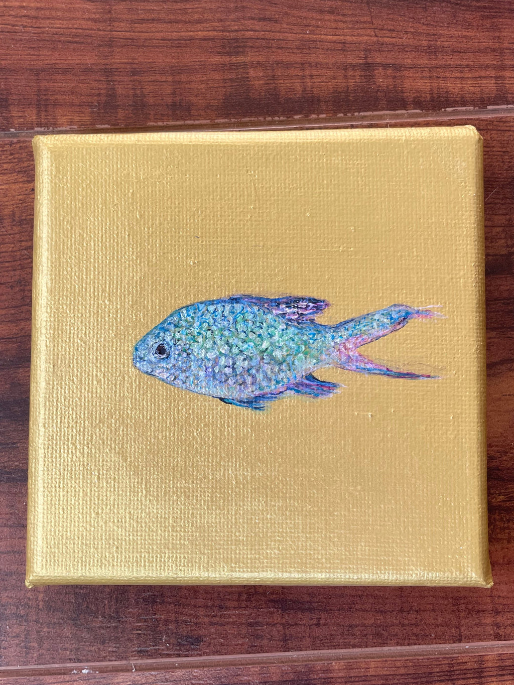 Iridescent Fish - 4x4in Original Mixed Media AcrylicPainting on Miniature Gallery Wrapped Canvas - Art for Cats
