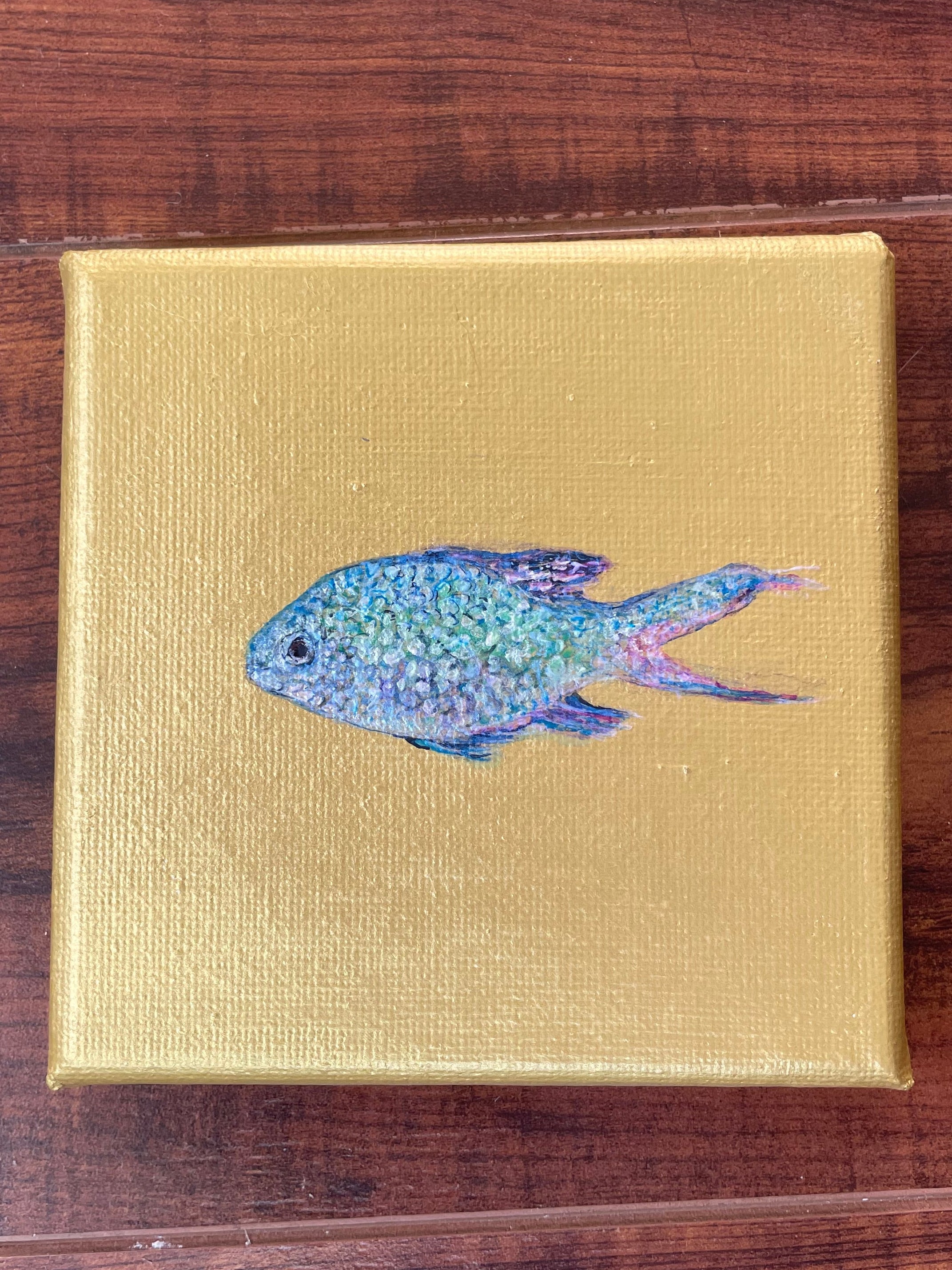 Iridescent Fish - 4x4in Original Mixed Media AcrylicPainting on Miniature Gallery Wrapped Canvas - Art for Cats