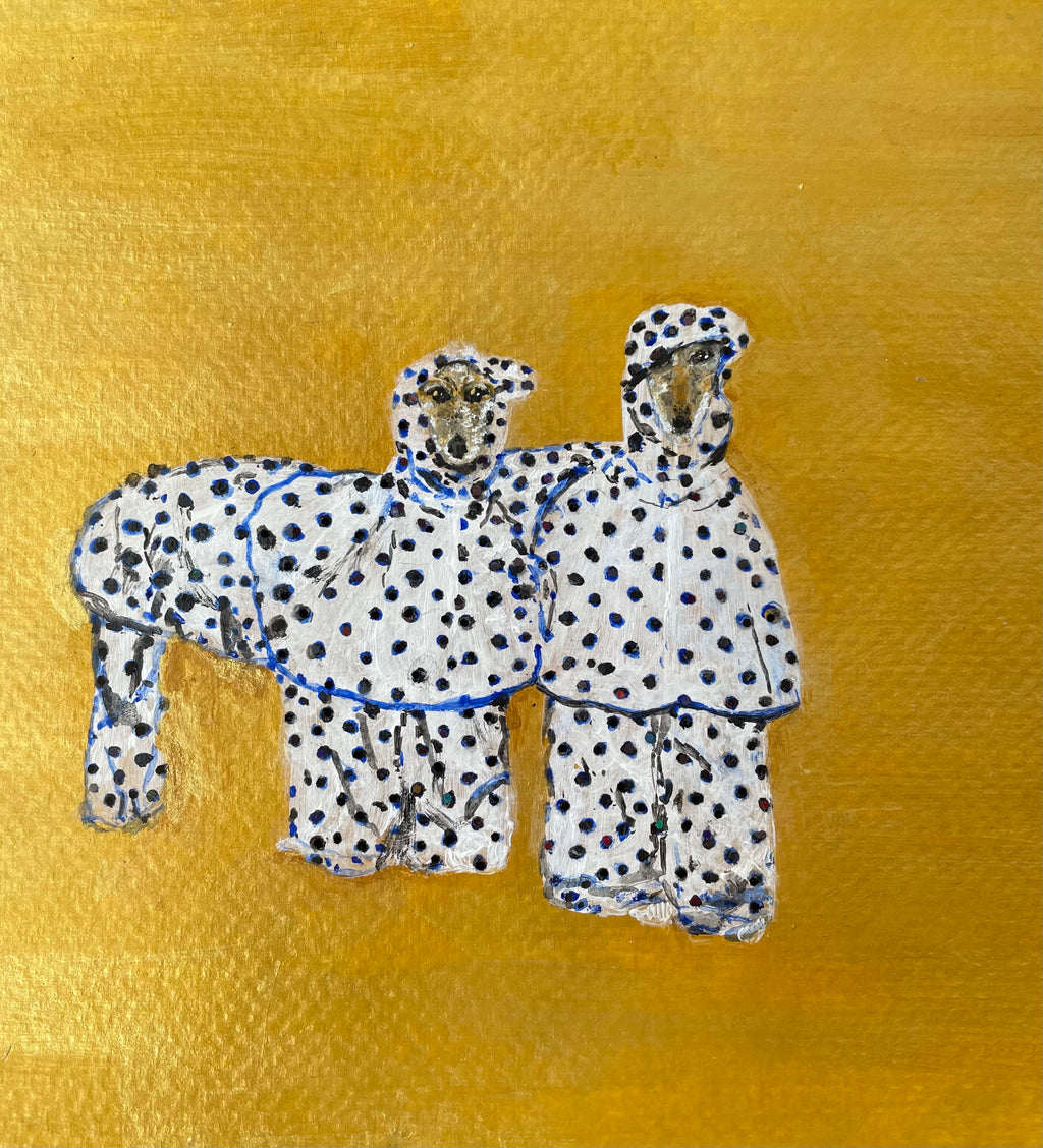 Wippet Raincoat Twins - 9x6in Original Mixed Media Acrylic Painting on Premium Canvas Paper - Dog Artwork