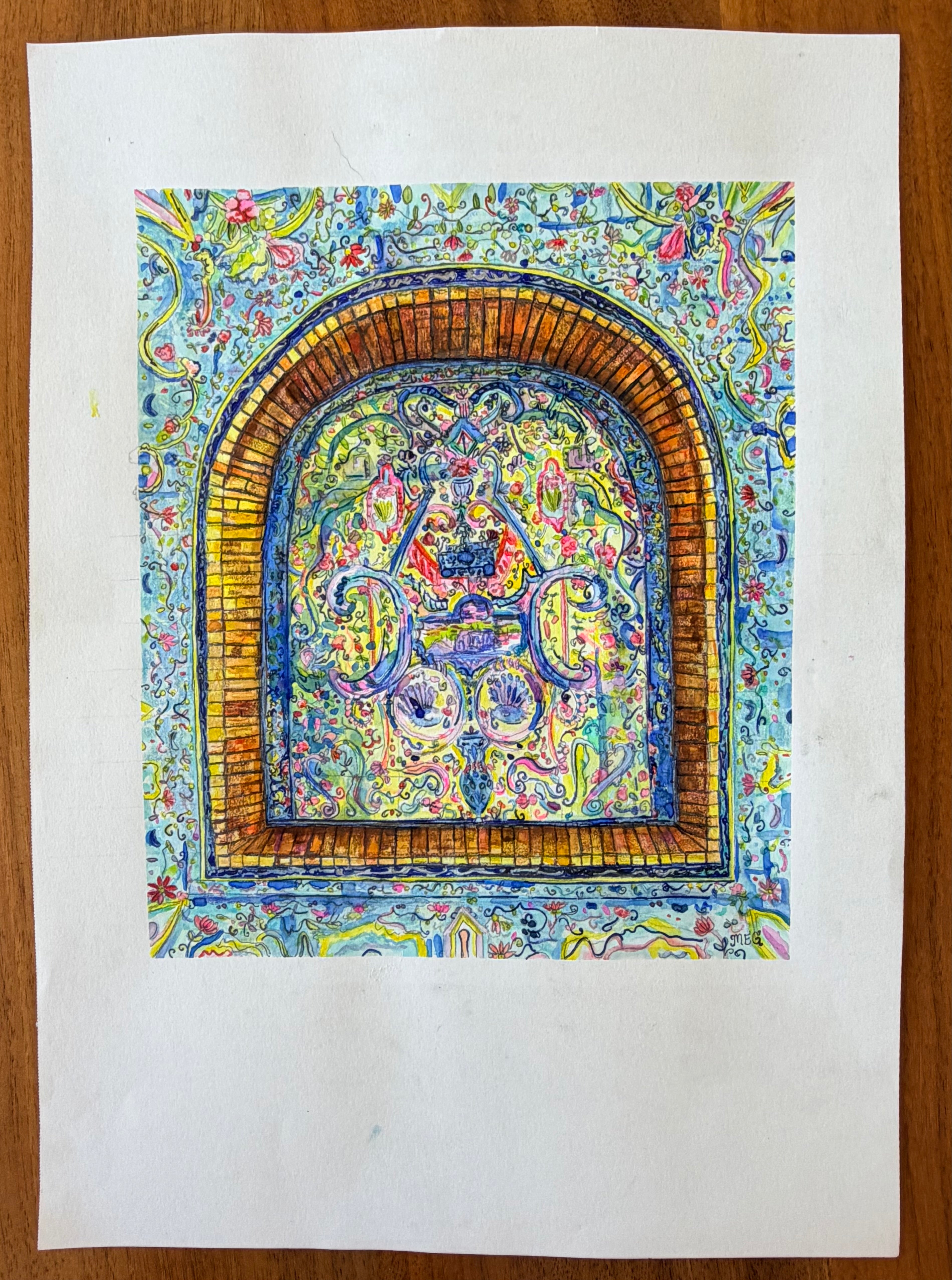 Pastel Tiles - 8x11 inch Original Watercolor Painting - Mosque Artwork