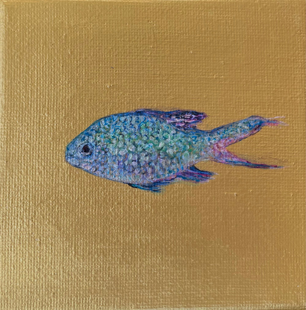 Iridescent Fish - 4x4in Original Mixed Media AcrylicPainting on Miniature Gallery Wrapped Canvas - Art for Cats