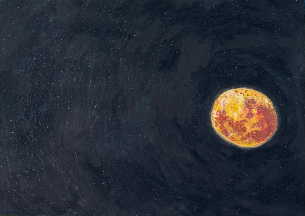 Yellow Moon - 9x12in Original Oil Pastel Painting - Lunar Artwork