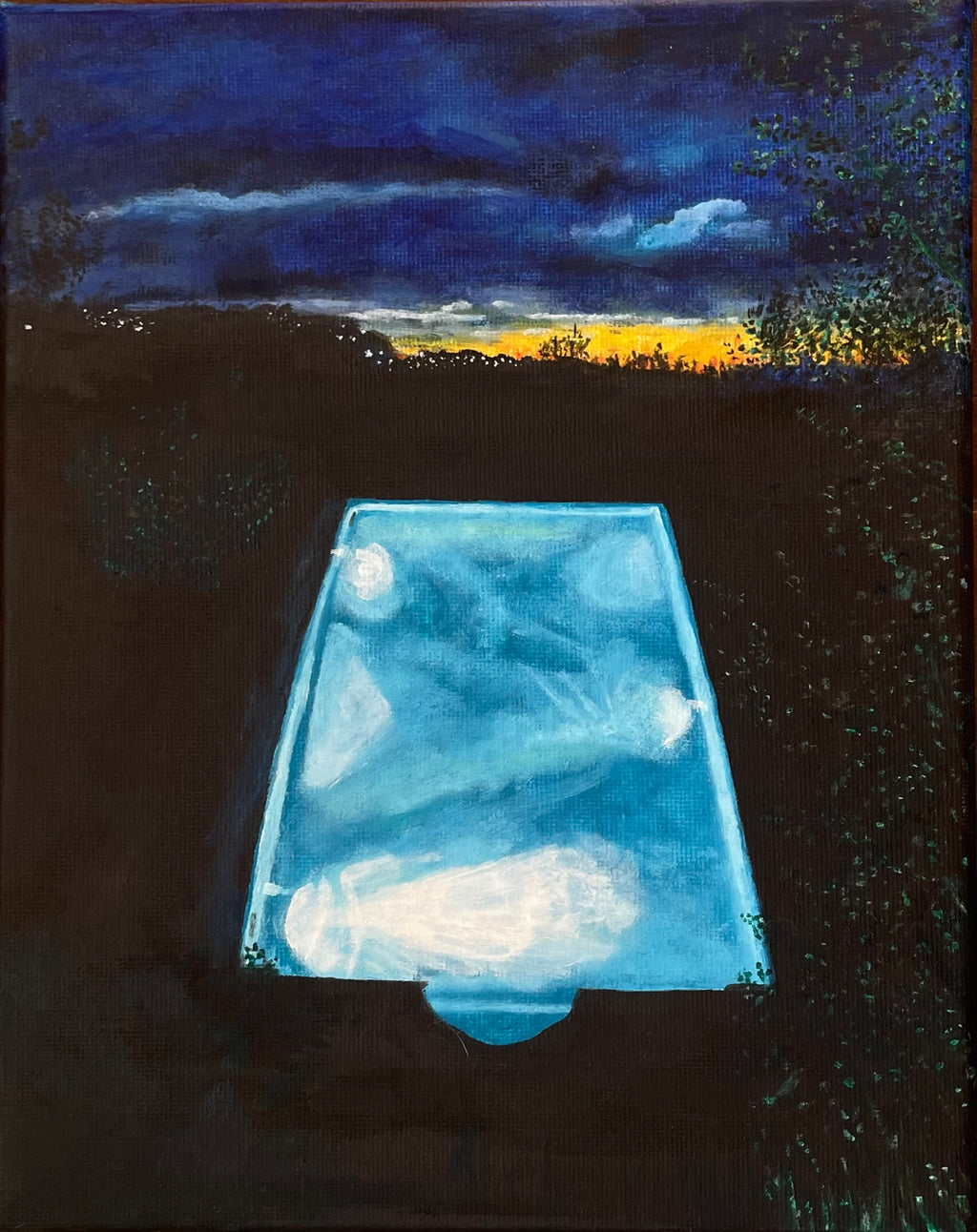 Pool Lights - 7x5in Original Oil Painting on Gallery Wrapped Canvas - Nighttime Pool Artwork