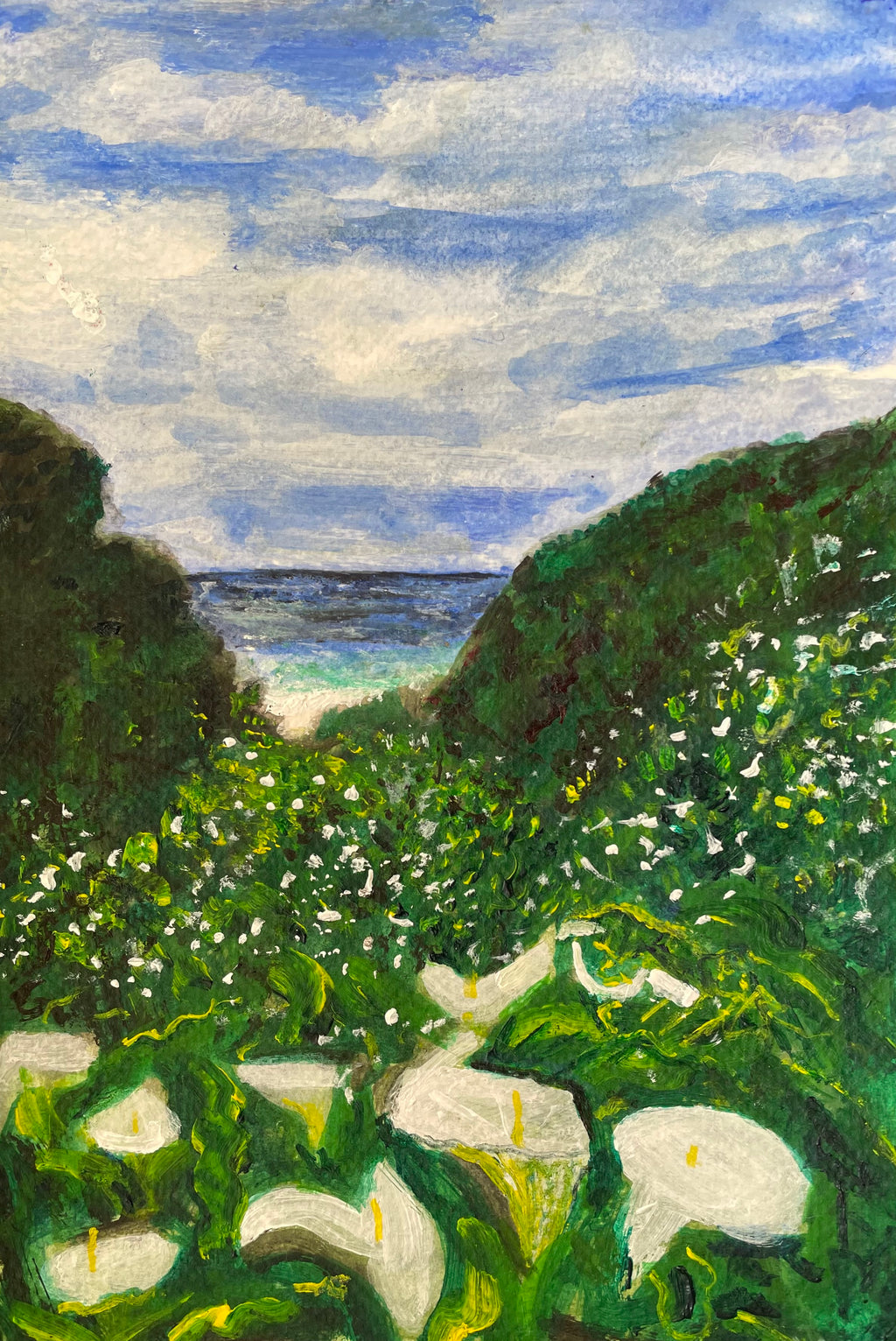 Sea Foam Valley - 9x6in Original Acrylic Painting on Premium Canvas Paper - Calla Lily Coastal California Artwork