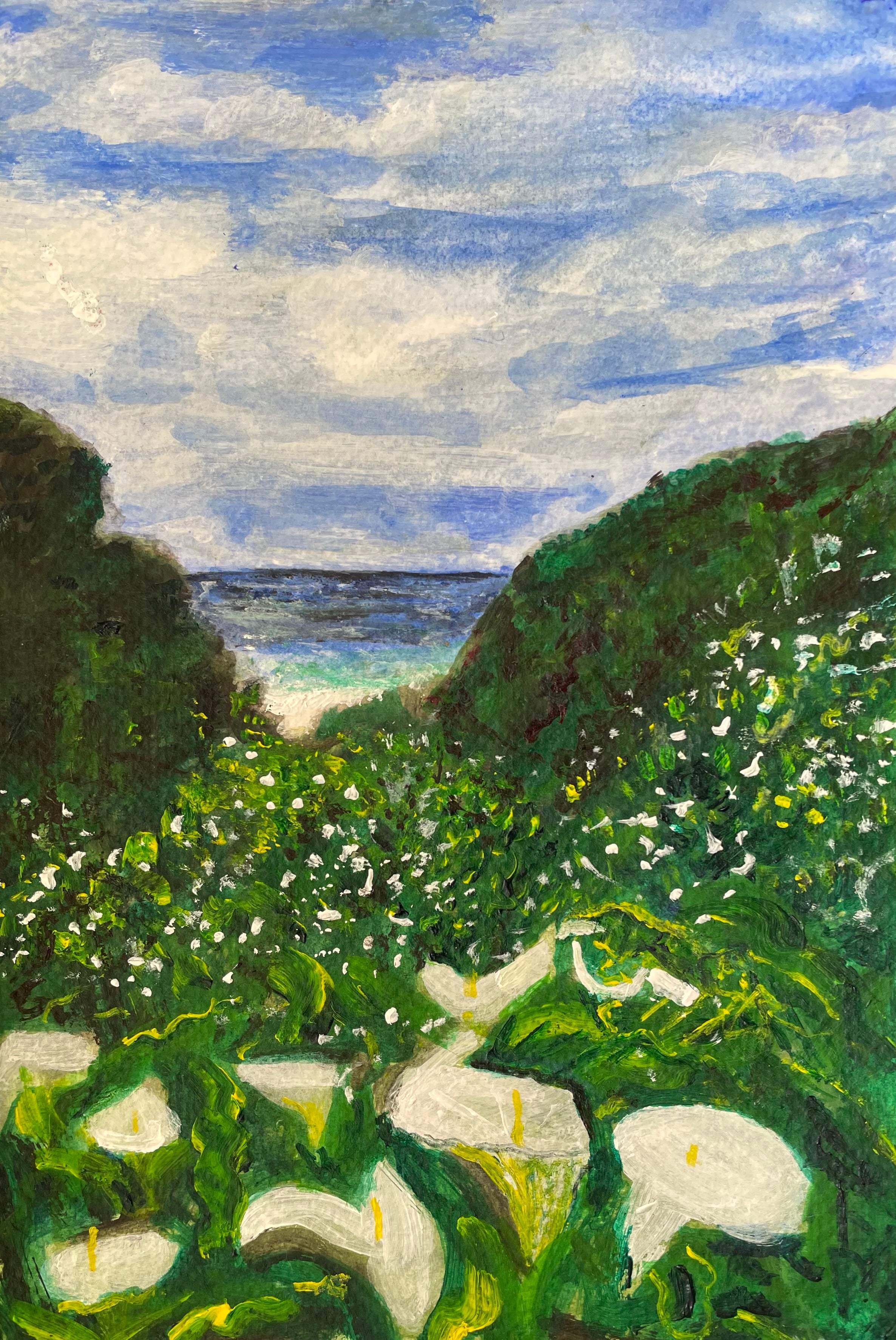 Sea Foam Valley - 9x6in Original Acrylic Painting on Premium Canvas Paper - Calla Lily Coastal California Artwork