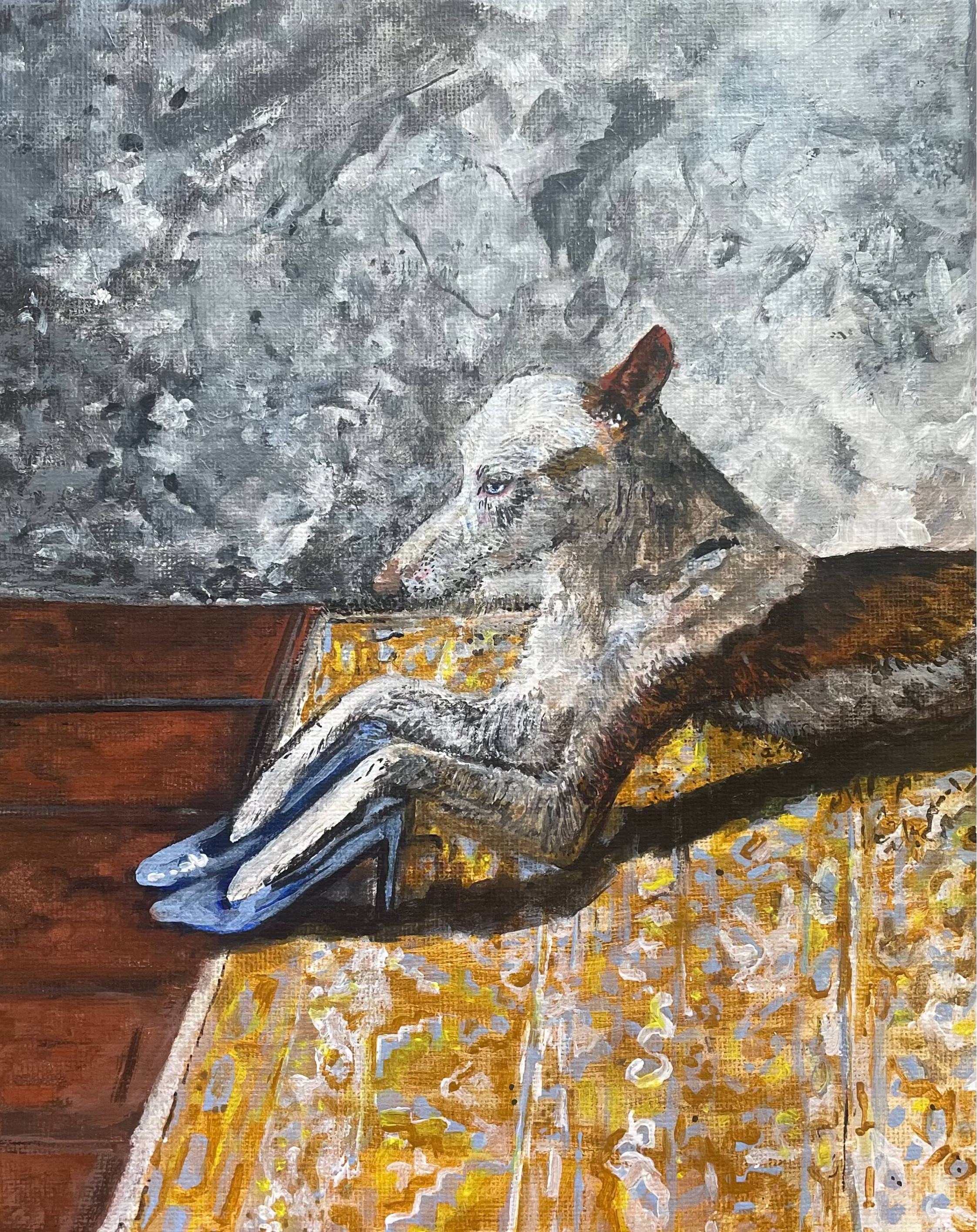 Painting of Nin with blue heels on a textured background