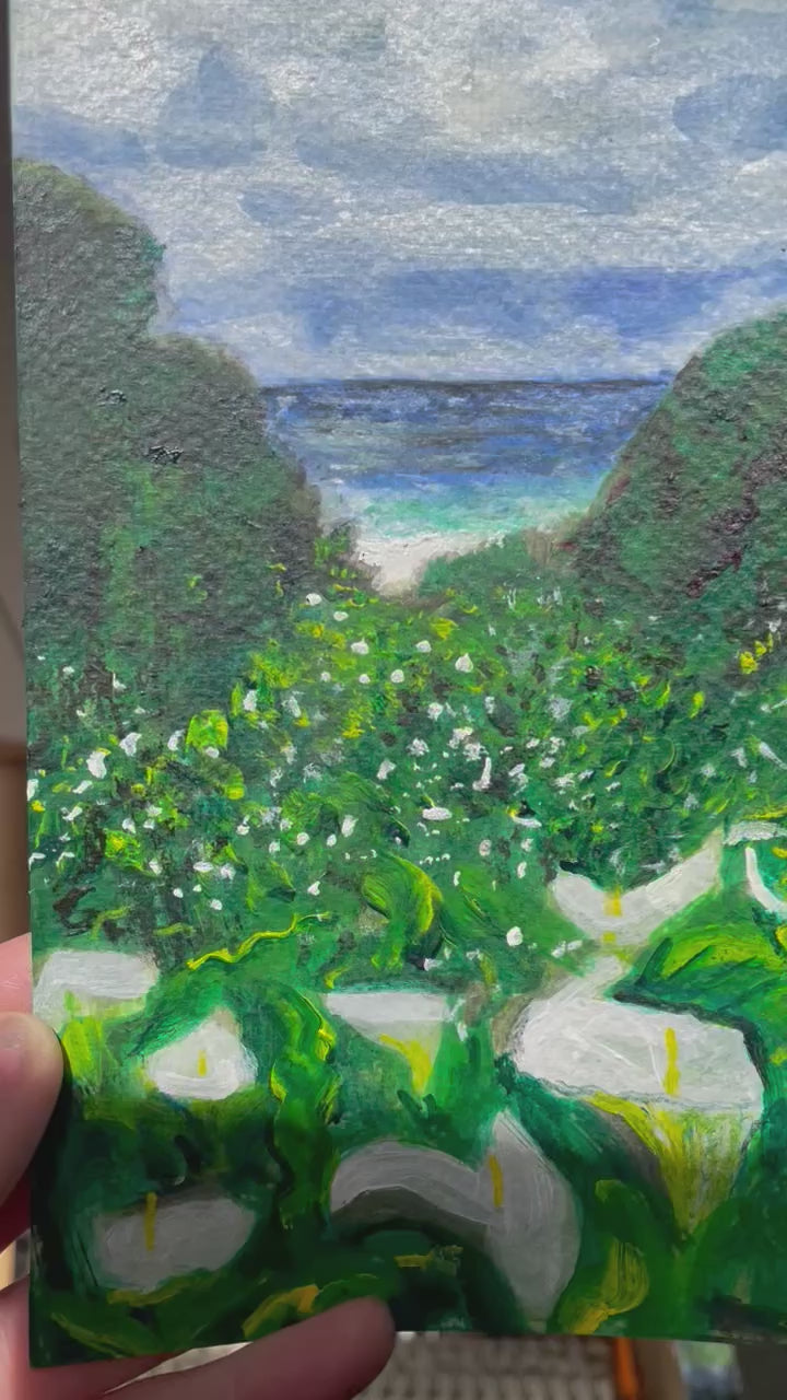 Sea Foam Valley - 9x6in Original Acrylic Painting on Premium Canvas Paper - Calla Lily Coastal California Artwork