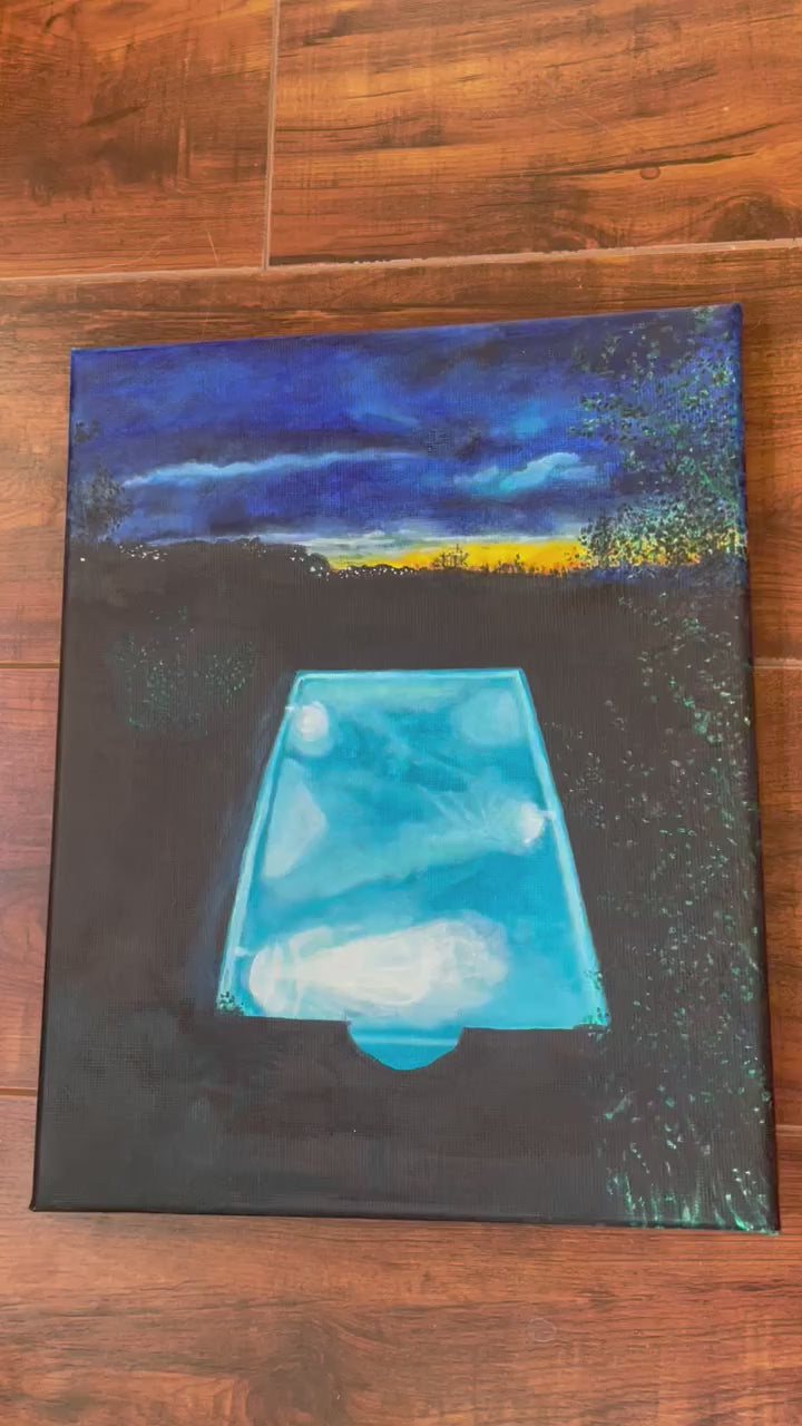 Pool Lights - 7x5in Original Oil Painting on Gallery Wrapped Canvas - Nighttime Pool Artwork