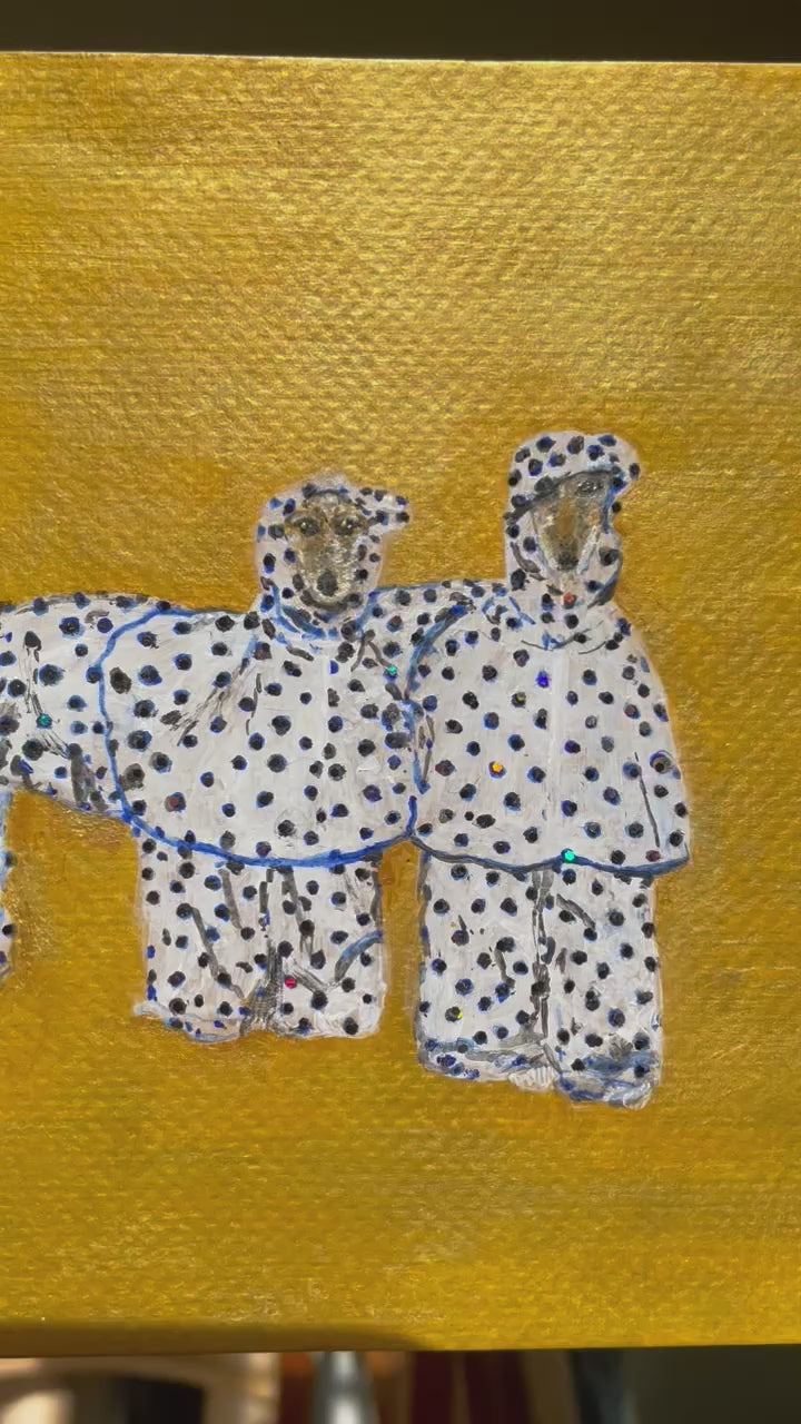Wippet Raincoat Twins - 9x6in Original Mixed Media Acrylic Painting on Premium Canvas Paper - Dog Artwork