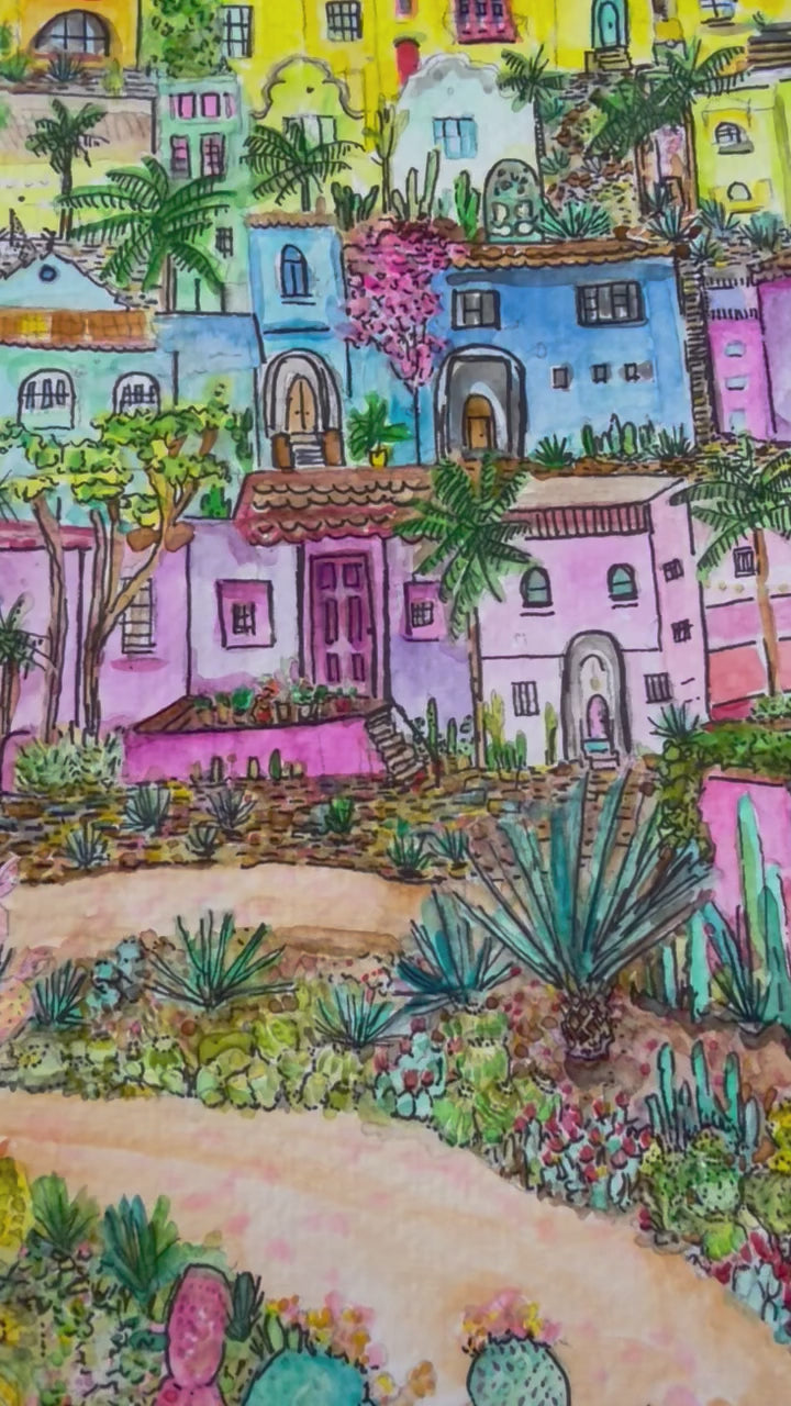 Cliffside Rainbow Neighborhood - 6x9 inch / 15.2x22.8 cm Original Watercolor Painting
